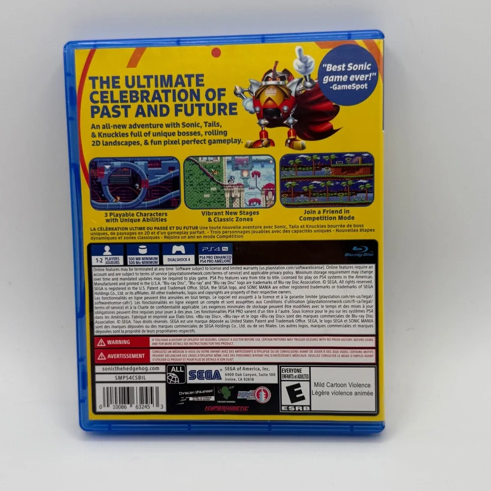 Sega Sonic Mania PS4 One Size Blue Excellent Physical Disc Case 2D Platformer